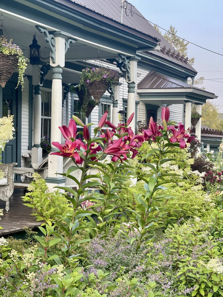 La maison du ccdMalvina entourée de lys en fleurs, lieu d'accueil des résidences d'artistes à Saint-Malo, Estrie
