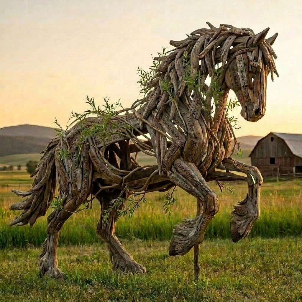 ccdMalvina festival 21-22 aout 2026 devoilement sculpture Royden Mills. Prototype généré par IA d'un cheval au galop avec ferme, champs et montagnes au coucher du soleil en arrière-plan